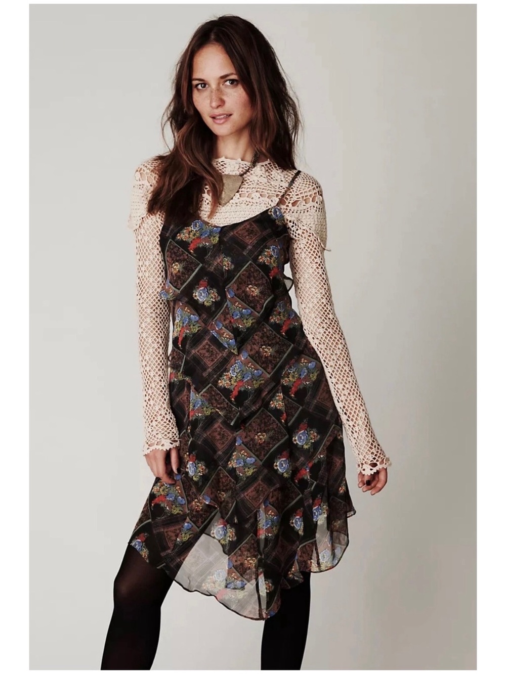 Free People Women’s 10 Floral Mini Dress Daisy Chain Plaid Chiffon Asymmetrical